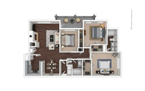 Floor plan for 3 beds, 2 baths, 1355 sqft